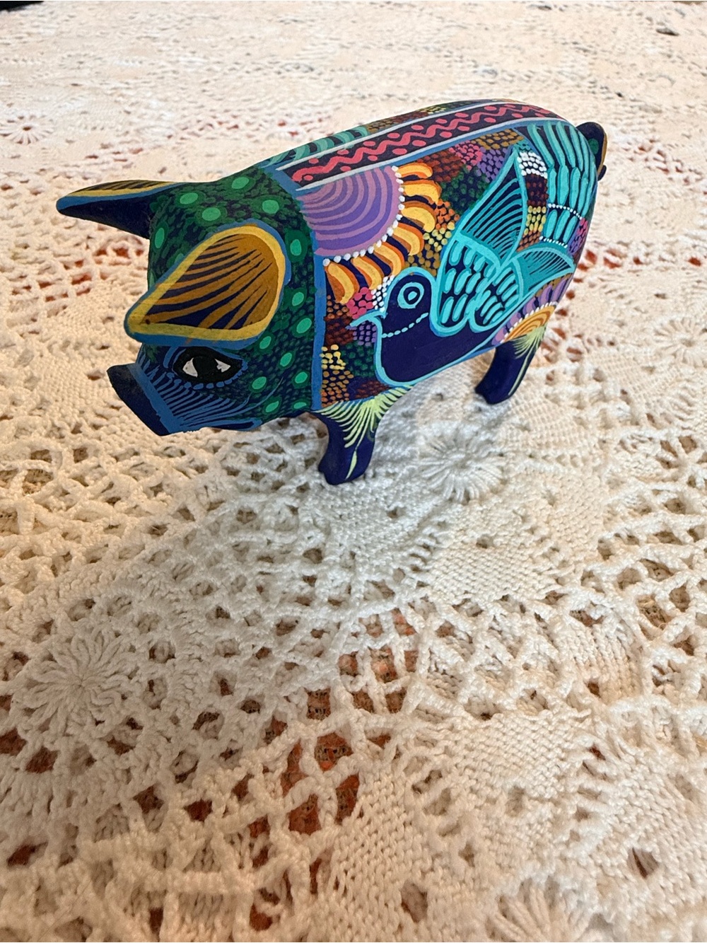 Wooden Mexican Folk Art Painted Pig